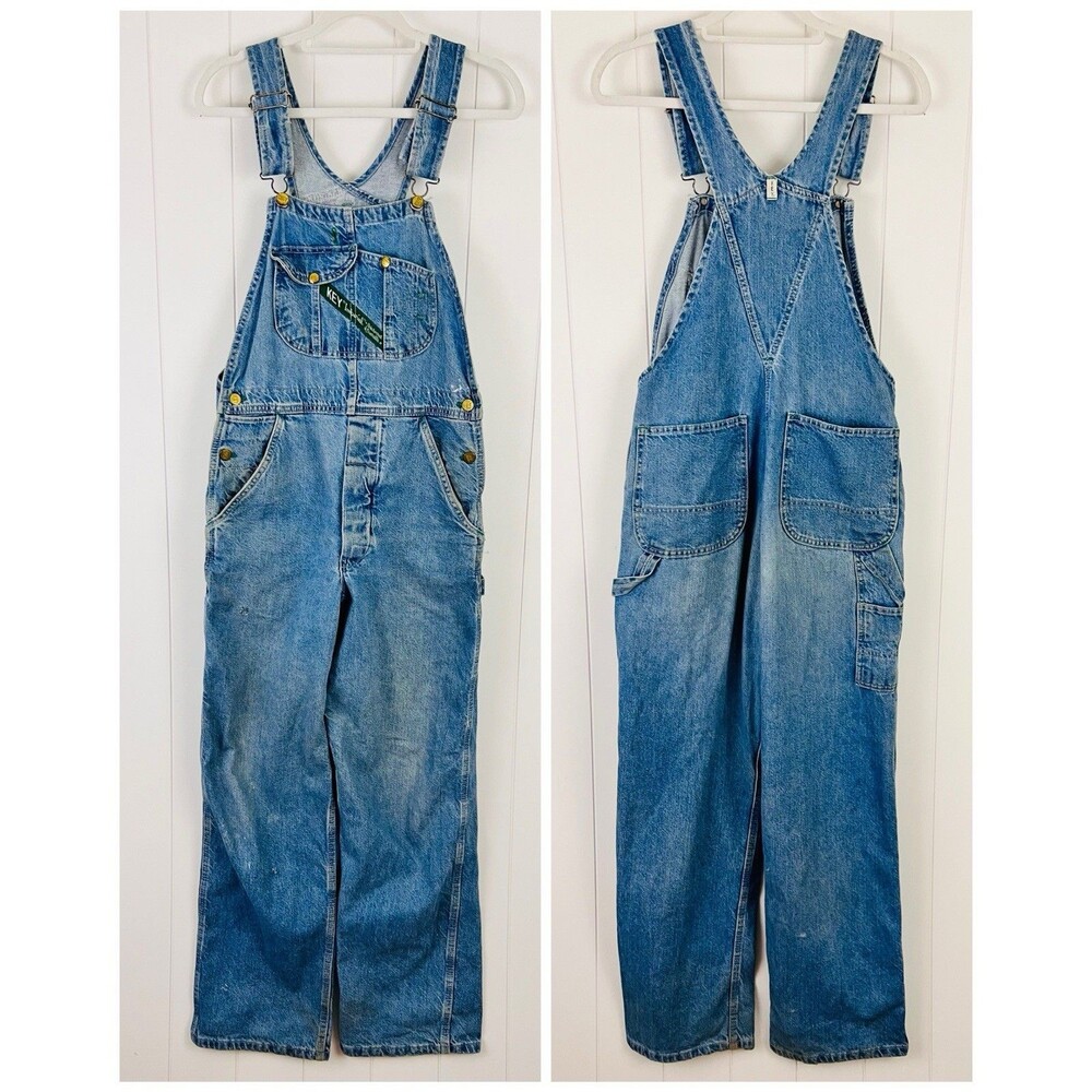 VTG Key Imperial Denim Bib Overalls Carpenter Workwear Green Tag Mens 32x31